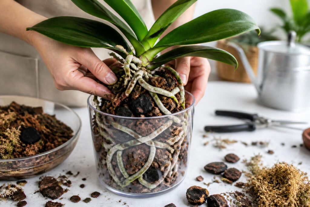 Rempoter une orchidée : substrat, pot transparent, racines aériennes — le guide illustré