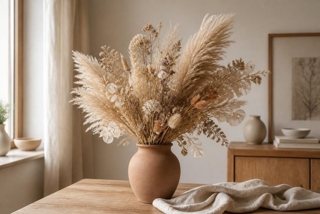 découvrez comment les fleurs séchées et la pampa apportent une touche naturelle et durable à votre décoration, pour un intérieur élégant qui dure sans se faner.