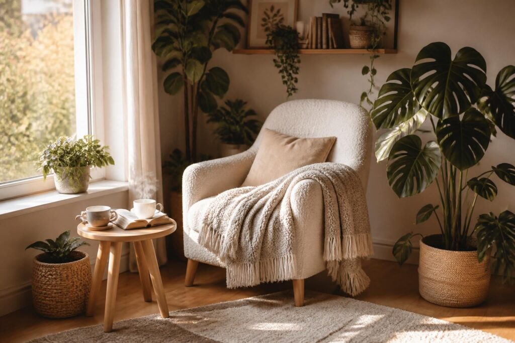 découvrez un coin lecture cosy près de la fenêtre, baigné de lumière naturelle et entouré de plantes verdoyantes pour un moment de détente absolue.