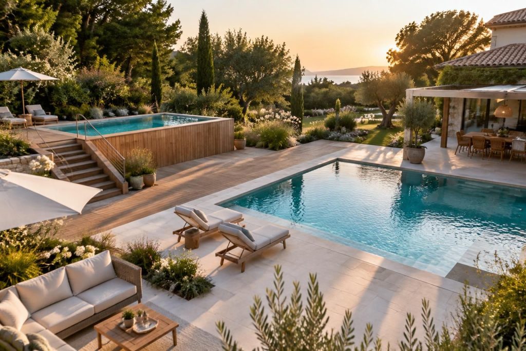 Aménagement abords piscine hors sol et enterrée pour un espace convivial