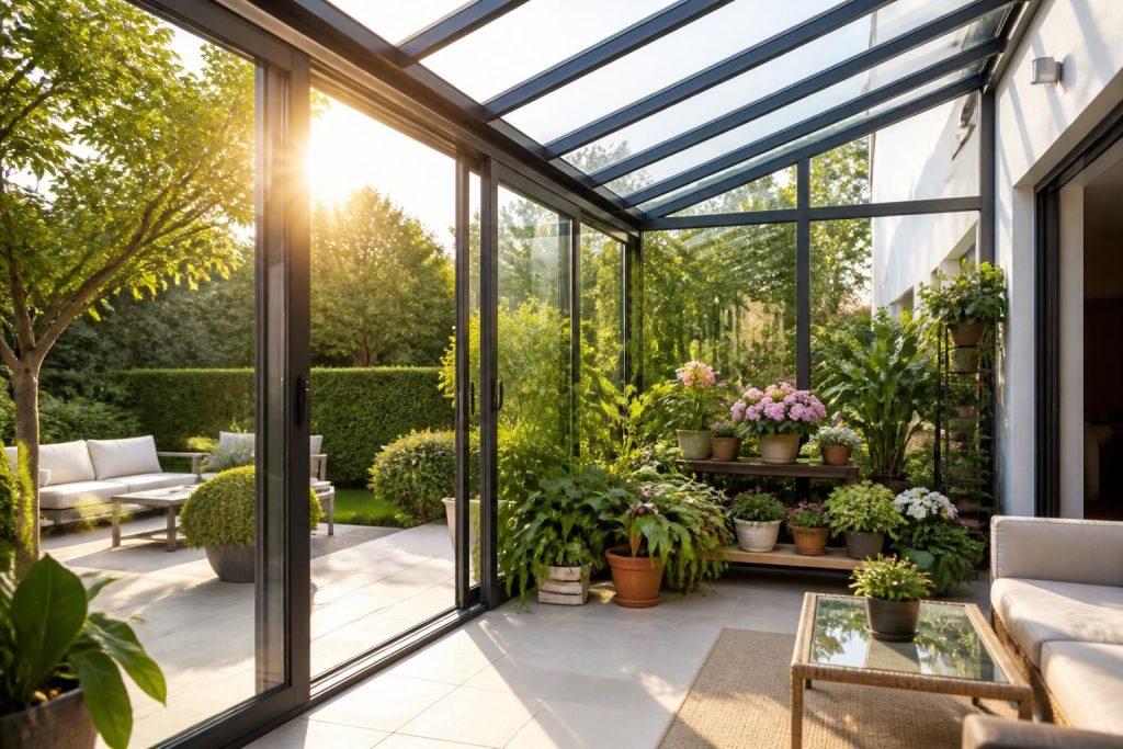 Serre veranda adossée sur mesure pour un jardin protégé et lumineux