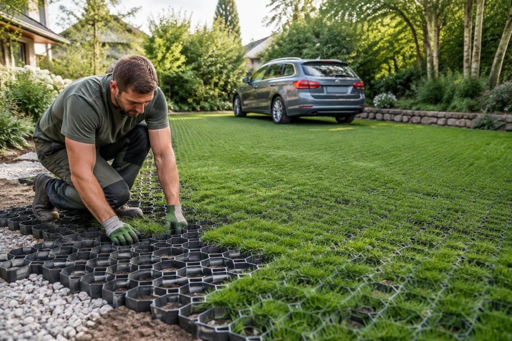 Parking engazonné : avantages, prix et installation d’un revêtement écologique